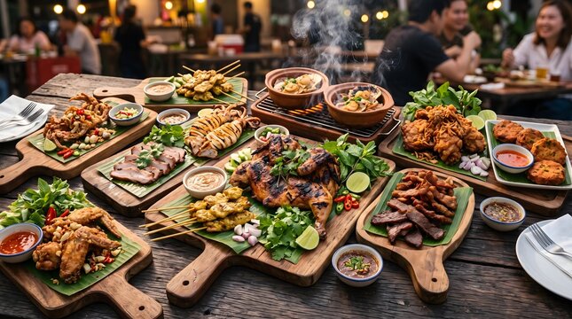 Authentic Thai Grilled and Fried Cuisine Authentic Thai Street Food Feast with Grilled Delicacies Thai BBQ Night Market Feast Crispy Thai Street Food Culture 