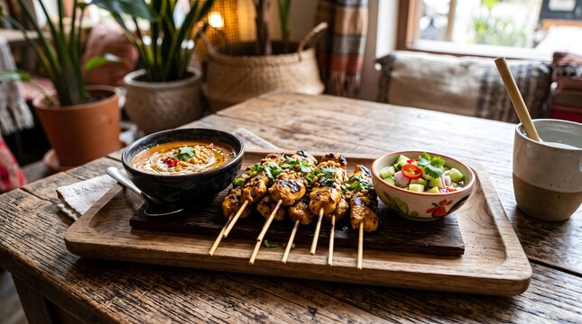 Authentic Thai Grilled and Fried Cuisine Authentic Thai Chicken Satay with Peanut Sauce Thai BBQ Night Market Feast Crispy Thai Street Food Culture 