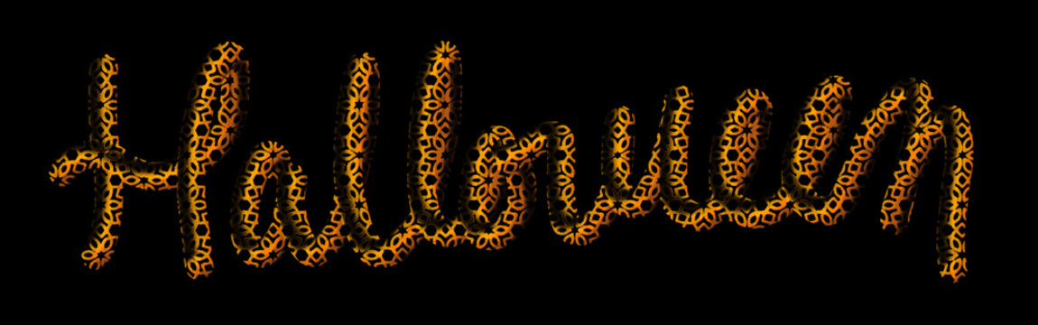 Halloween text lettering with intricate golden geometric pattern, spooky holiday typography design on black background, creative festive graphic for October celebration and party invitations.