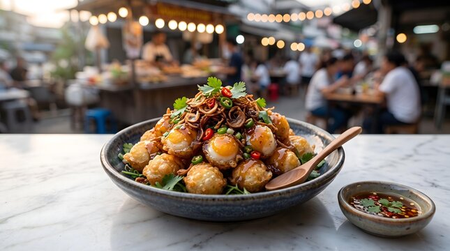 Authentic Thai Grilled and Fried Cuisine Thai Street Food Quail Egg Dish at Night Market Thai BBQ Night Market Feast Crispy Thai Street Food Culture 