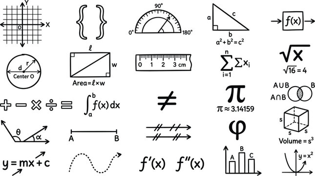 Hand drawn math symbols and geometry vector graphic featuring formulas and equations for education
