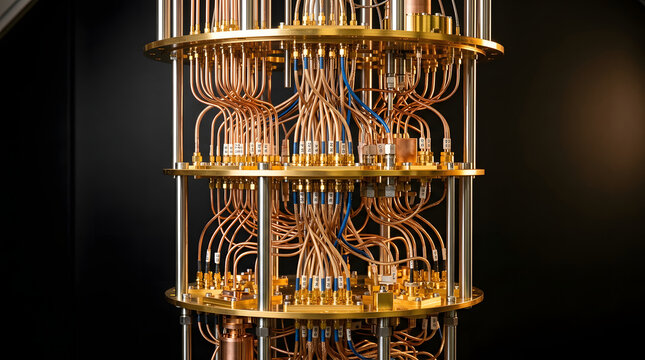 Quantum Computer Cryostat Hardware Wiring Close Up on Black Background