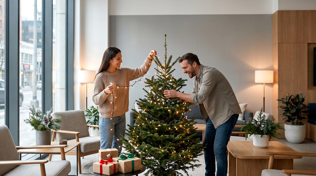 Happy couple decorating a festive Christmas tree with twinkling lights in their modern home  adding to the holiday spirit.
