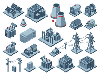 Fototapeta premium Isometric icons collection of energy and power generation infrastructure