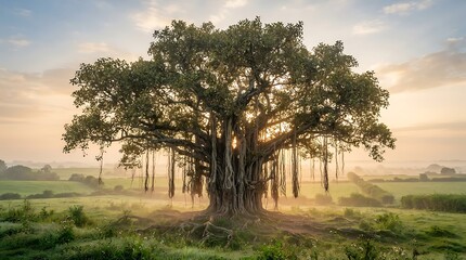 Obraz premium Large banyan tree standing in a misty countryside field at sunrise