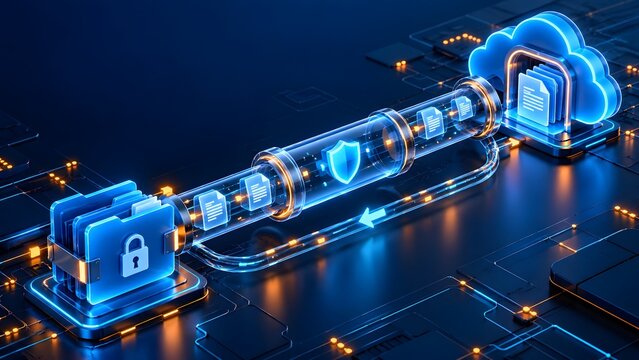 Secure file transfer protocol visualizing end to end encryption between local data servers and cloud storage using locked digital pipeline
