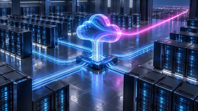 Futuristic server room data center with glowing blue and purple fiber optic lines streaming high speed information into central cloud computing symbol