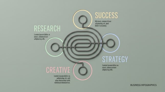 Business strategy infographic workflow concept with metallic maze path connecting research creative and success nodes on grey background