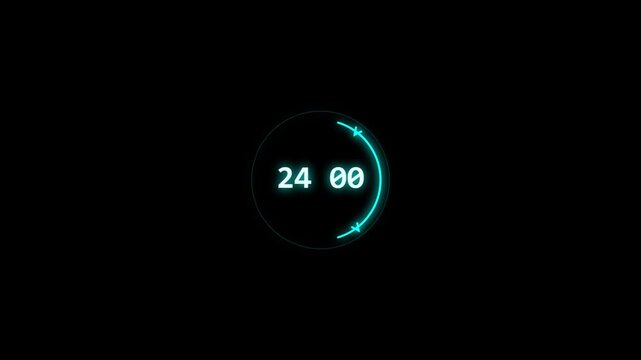 Glowing neon circle timer interface with twentyfour hour digital clock display element