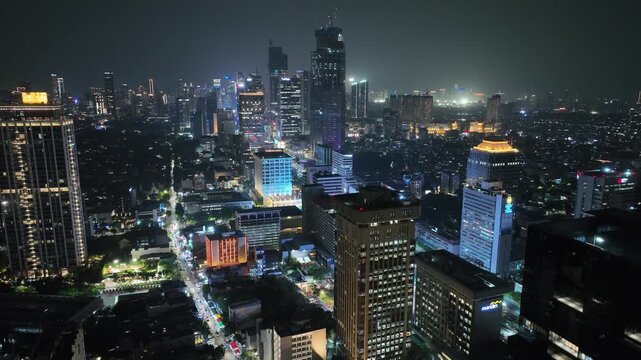 Aerial view of city skyline of Jakarta downtown, Indoensia at night