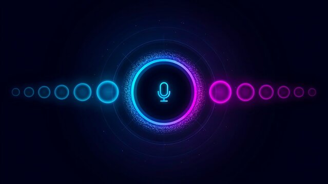 Neon voice microphone icon with glowing blue and purple sound waves on dark background