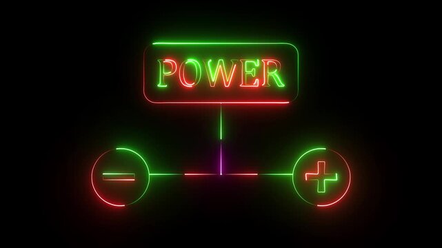 Neon power button sign with u s b and plug symbols glowing green on dark background