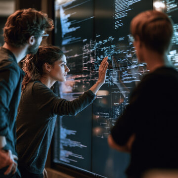 Diverse team of software developers analyzing complex data on a large digital screen in a dark office