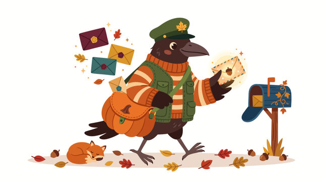 Halloween character dressed as a raven postmaster delivering mail outdoors with autumn leaves