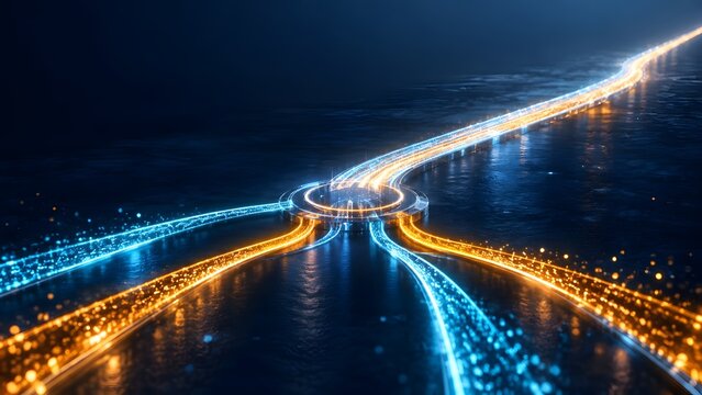 Glowing digital data streams converging into central network hub and merging into single high speed information pipeline