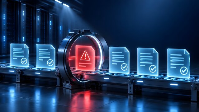 Automated security firewall scanning digital documents on server room conveyor belt detecting malicious file with red warning