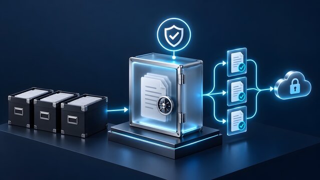 Secure digital migration transforming legacy paper archives into encrypted cloud storage with verified data protection