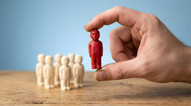 Hand holding red figure among neutral toned figures on wooden surface