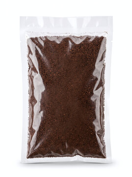 Coffee powder in a transparent plastic pouch isolated on white background