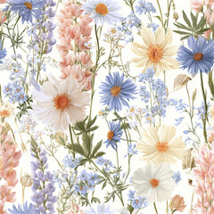 Obraz premium Wildflower field seamless pattern with pastel blue, peach, and cream flowers creating soft, delicate floral design