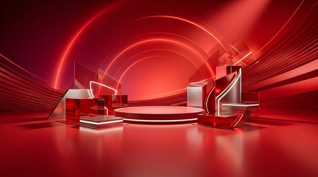 High-tech red display stage featuring a central circular podium surrounded by tinted glass pedestals and glowing neon light arches.