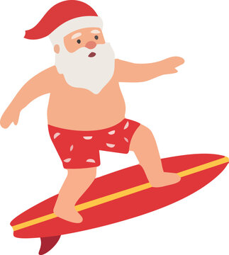 Santa Claus Surfing on a Board for Tropical Christmas