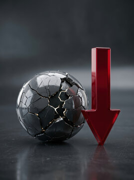 Cracked sphere beside red arrow showing credit report decline and financial downturn in dark studio scene with dramatic contrast lighting