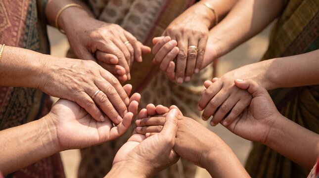 Group of people holding hands together in a circle as a symbol of unity and support.
