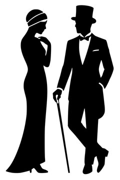 Black silhouettes of man and woman in elegant vintage attire, bold vector design symbolizing sophistication, fashion, and classic style.