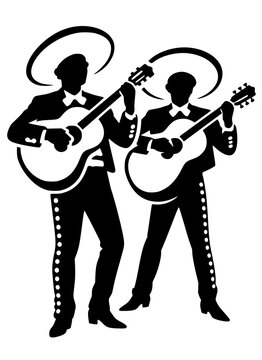 Black silhouettes of two mariachi guitarists in sombreros, bold vector design symbolizing music, tradition, and cultural heritage.
