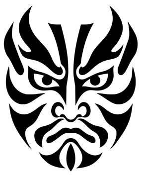 Black silhouette of Asian warrior mask with bold patterns, vector design symbolizing drama, tradition, and cultural heritage.