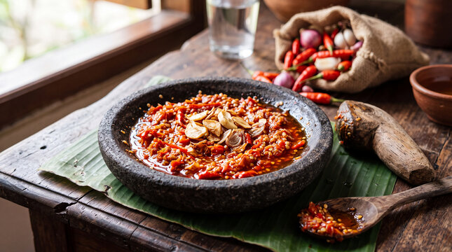 Sambal Geprek in Stone Mortar Cobek with Garlic