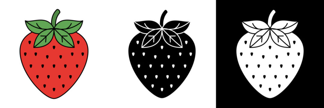 Set of three strawberry illustrations in different styles.