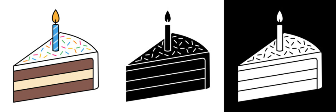 Delicious Birthday Cake Slice with Burning Candle and Sprinkles.