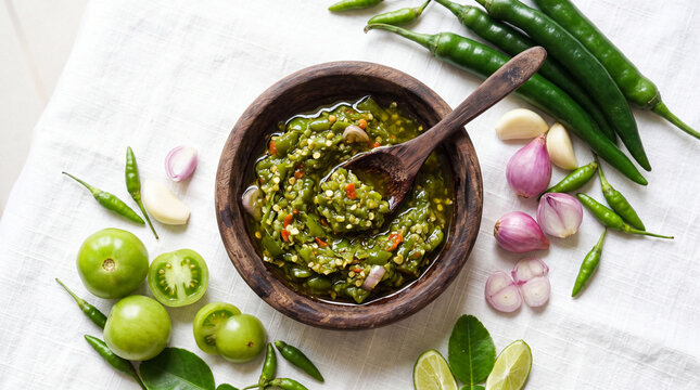 Sambal Cabe Ijo Padang Green Chili in Stone Mortar Cobek