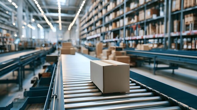 A single cardboard box moves along a conveyor belt in a modern warehouse with tall shelves ed with boxes