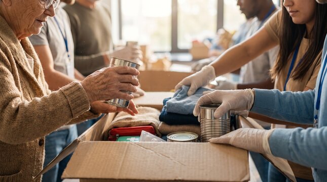 Diverse group of volunteers packing food and clothing donations into cardboard boxes for charity.