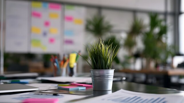 A small potted plant sits on a cluttered office desk surrounded by papers  sticky notes  and office supplies