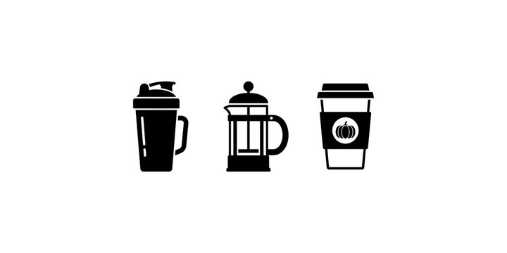 Set of black coffee and tea drinkware including tumbler, french press, and takeaway cup.