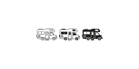 Recreational vehicle motorhome icons set in black and white line styles for travel and camping transportation themes. © Saba