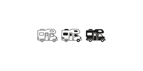 Recreational vehicle motorhome icons set in black and white line styles for travel and camping transportation themes. © Saba