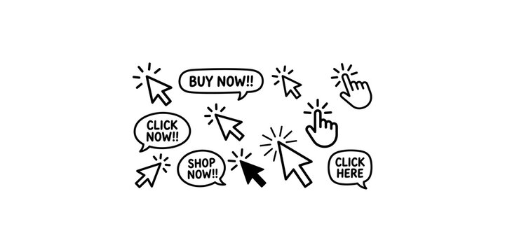 Various computer mouse click cursors and speech bubbles for website user interface interaction and digital marketing call to action.