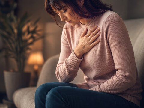 Young woman leaning forward on sofa clutching chest, severe chest pain at home