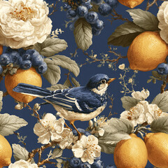 Obraz premium Blue bird perched on floral branch with lemon and blueberry pattern on dark background, elegant vintage nature design