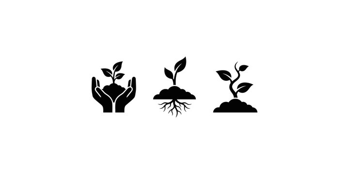 Three black plant growth symbols including hands holding seedling and roots.