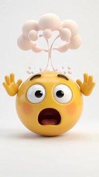 Cute 3D yellow emoji mind blown with mushroom cloud explosion on isolated white background. Vertical video