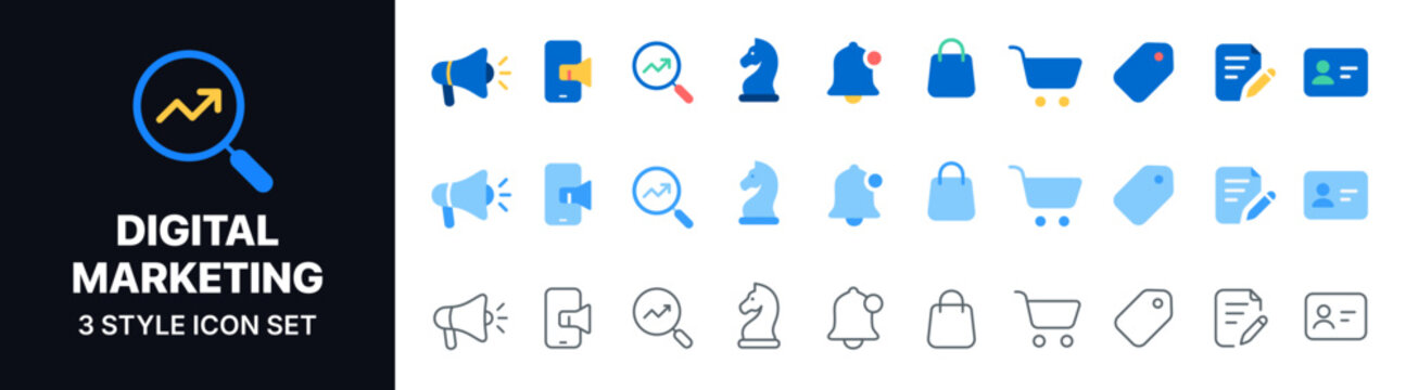 Digital Marketing 3 Style Icon Set with Advertising, SEO Analytics, Mobile Marketing, Ecommerce, Notifications, Shopping, Customer Profile and Business Strategy Symbols in Blue Vector Design