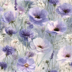 Obraz premium Impressionist purple flower meadow seamless pattern with soft petals and delicate wildflowers creating calm and dreamy