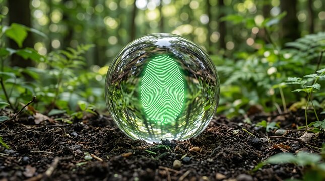 Glowing green mystery seed or egg encased in a clear glass sphere on forest soil, symbolizing future life, ecological protection, and nature's delicate balance