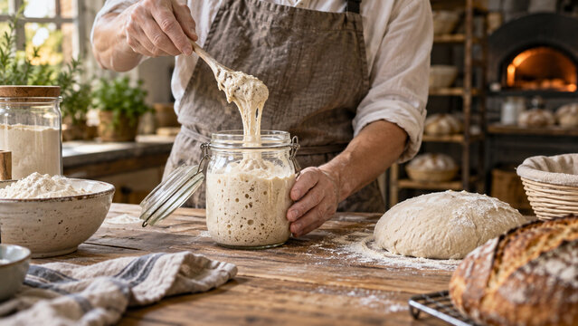 active sourdough starter in glass jar with artisan bread and flour in bakery kitchen